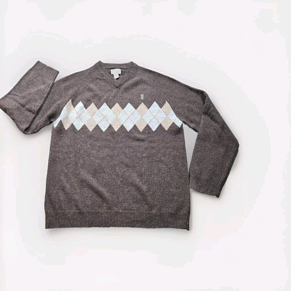 Ellington Garment Co Sweater Men XL Brown Argyle LS Wool Blend V Neck Preppy VTG